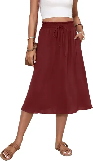 Flowy Skirt Midi Length High Waist Skirts for Women Below Knee with Pockets 2024 Women Fashion Trendy