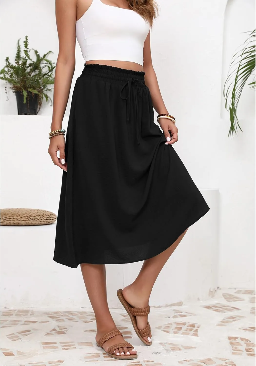 Flowy Skirt Midi Length High Waist Skirts for Women Below Knee with Pockets 2024 Women Fashion Trendy