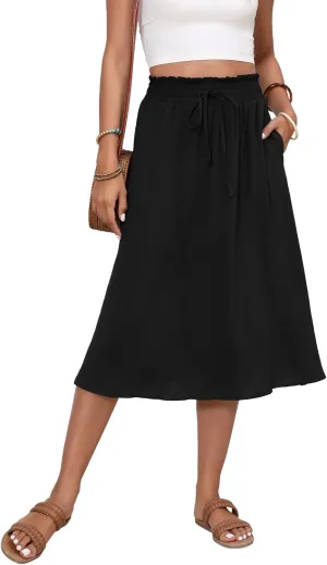 Flowy Skirt Midi Length High Waist Skirts for Women Below Knee with Pockets 2024 Women Fashion Trendy