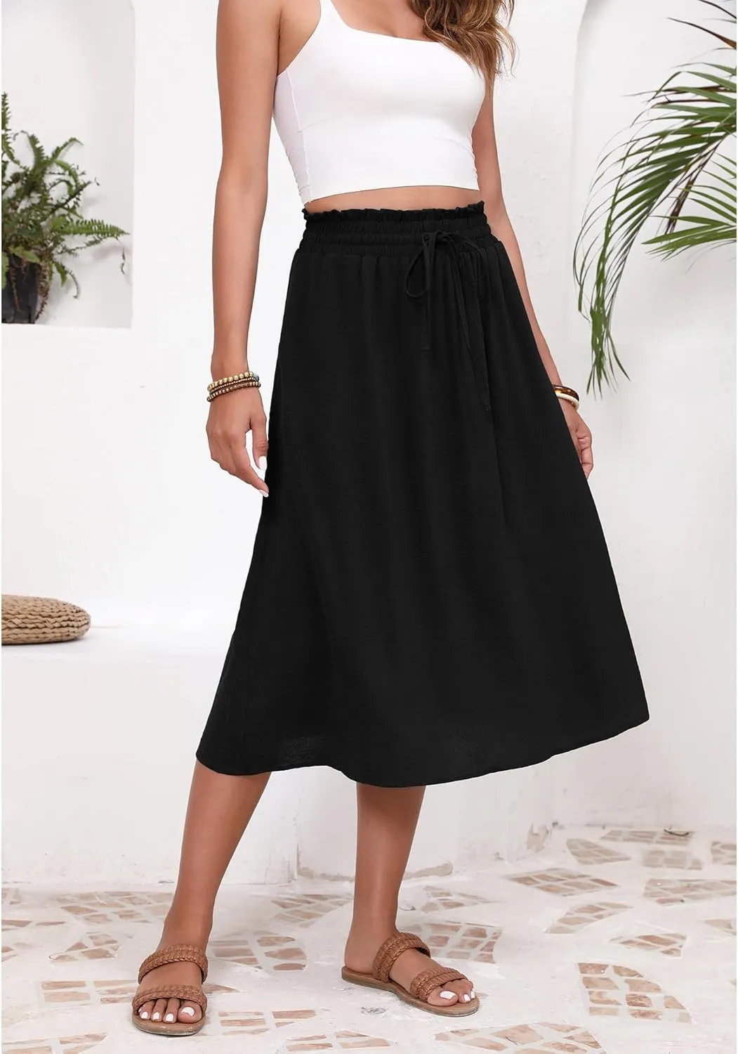 Flowy Skirt Midi Length High Waist Skirts for Women Below Knee with Pockets 2024 Women Fashion Trendy