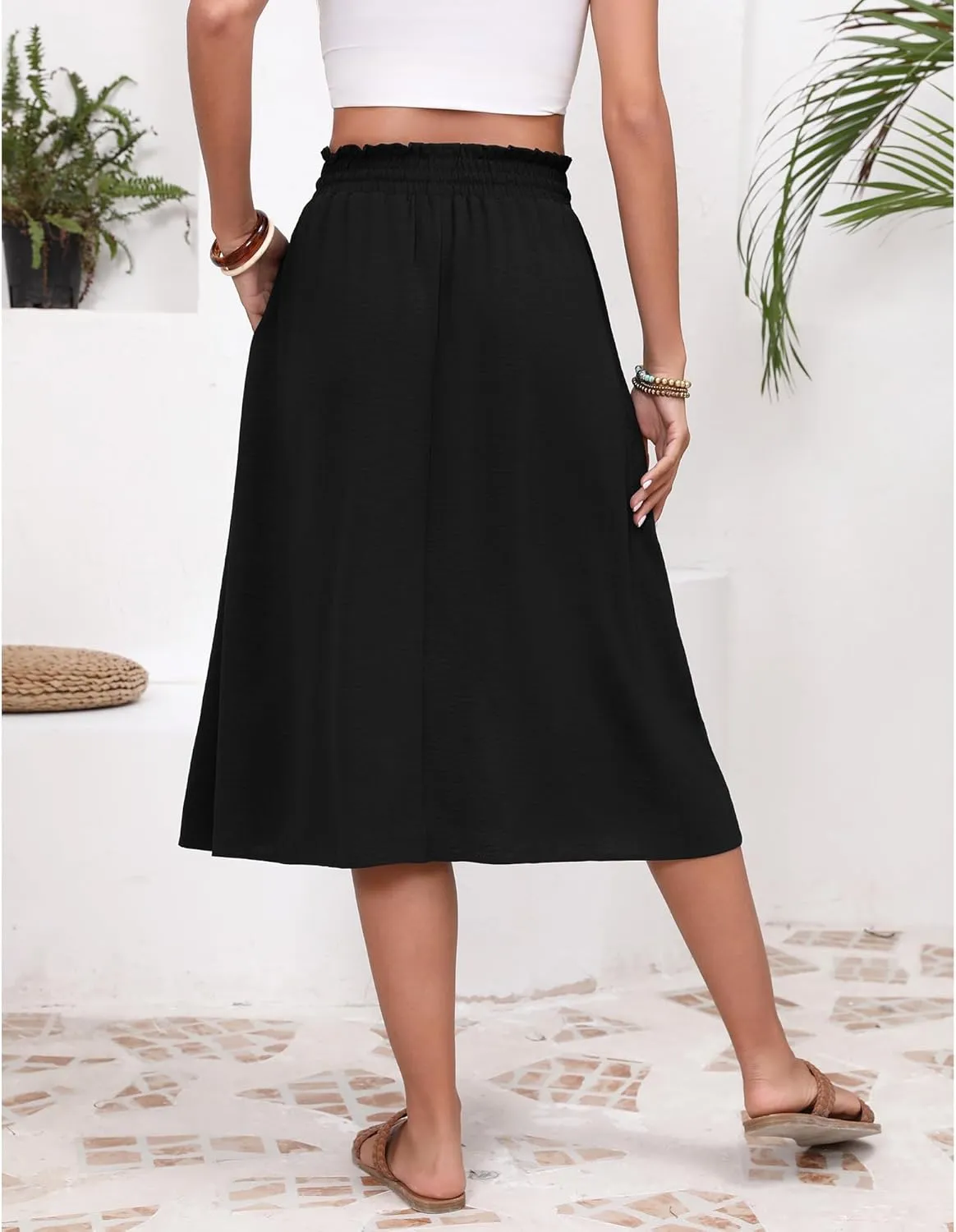 Flowy Skirt Midi Length High Waist Skirts for Women Below Knee with Pockets 2024 Women Fashion Trendy