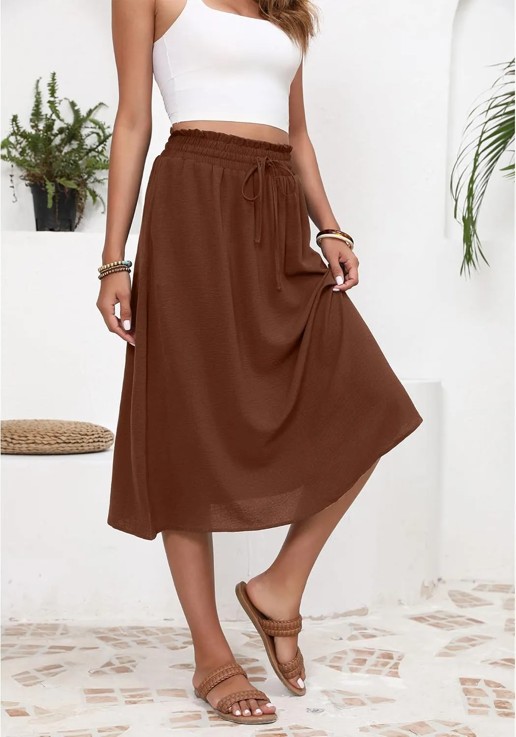 Flowy Skirt Midi Length High Waist Skirts for Women Below Knee with Pockets 2024 Women Fashion Trendy