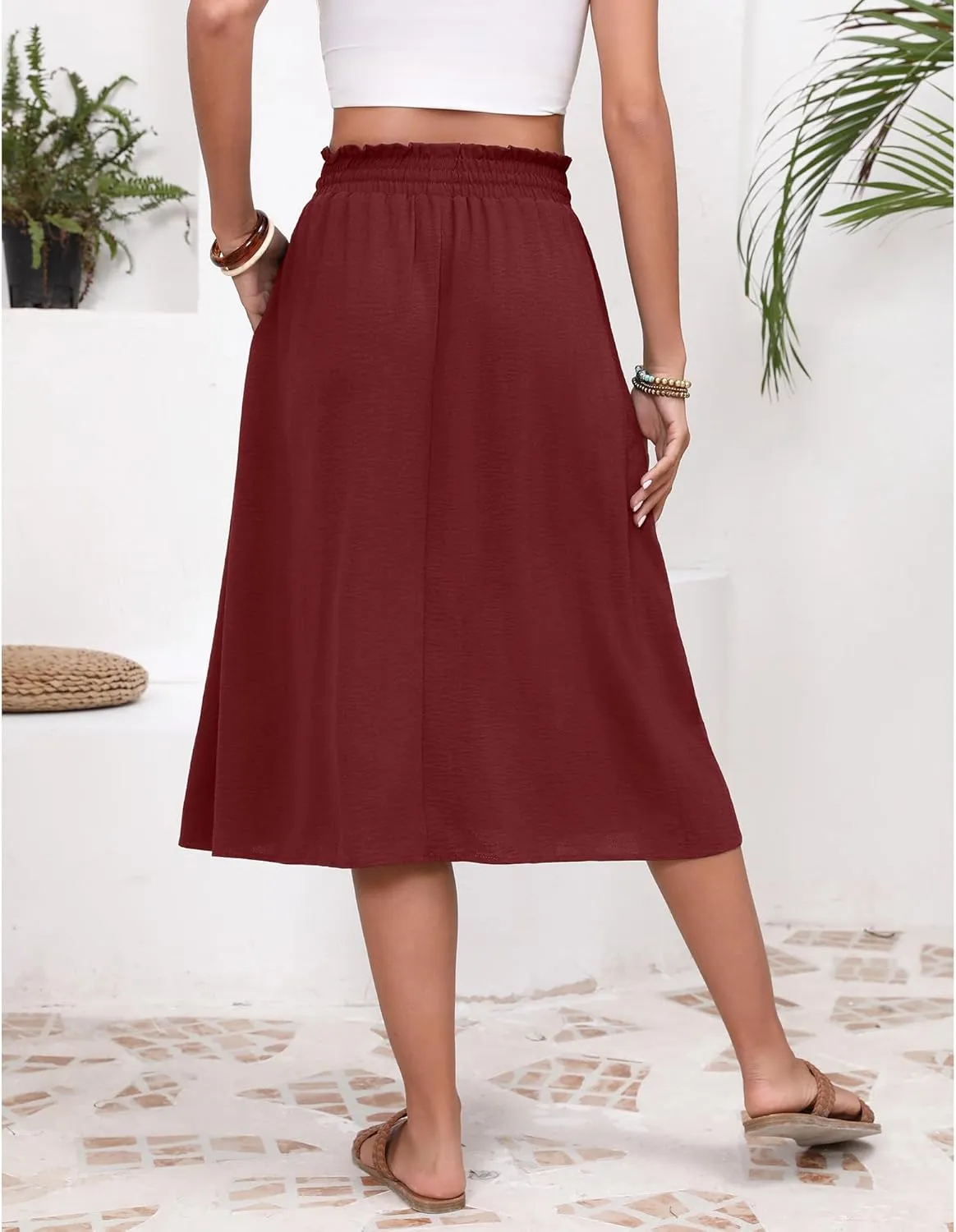 Flowy Skirt Midi Length High Waist Skirts for Women Below Knee with Pockets 2024 Women Fashion Trendy