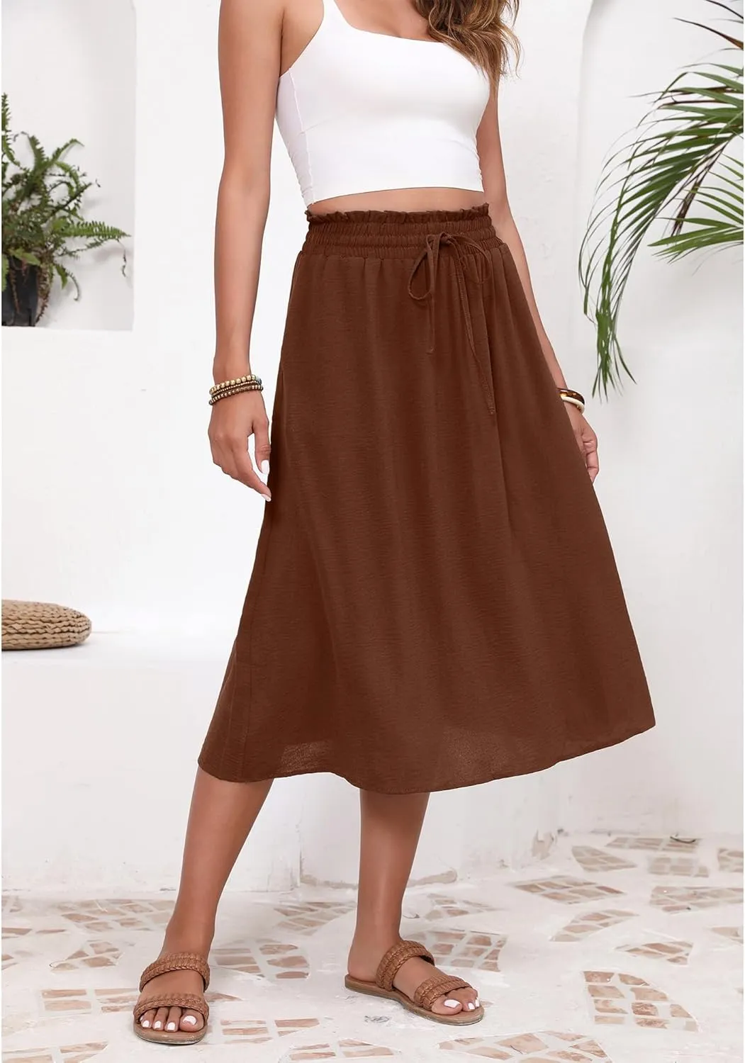 Flowy Skirt Midi Length High Waist Skirts for Women Below Knee with Pockets 2024 Women Fashion Trendy