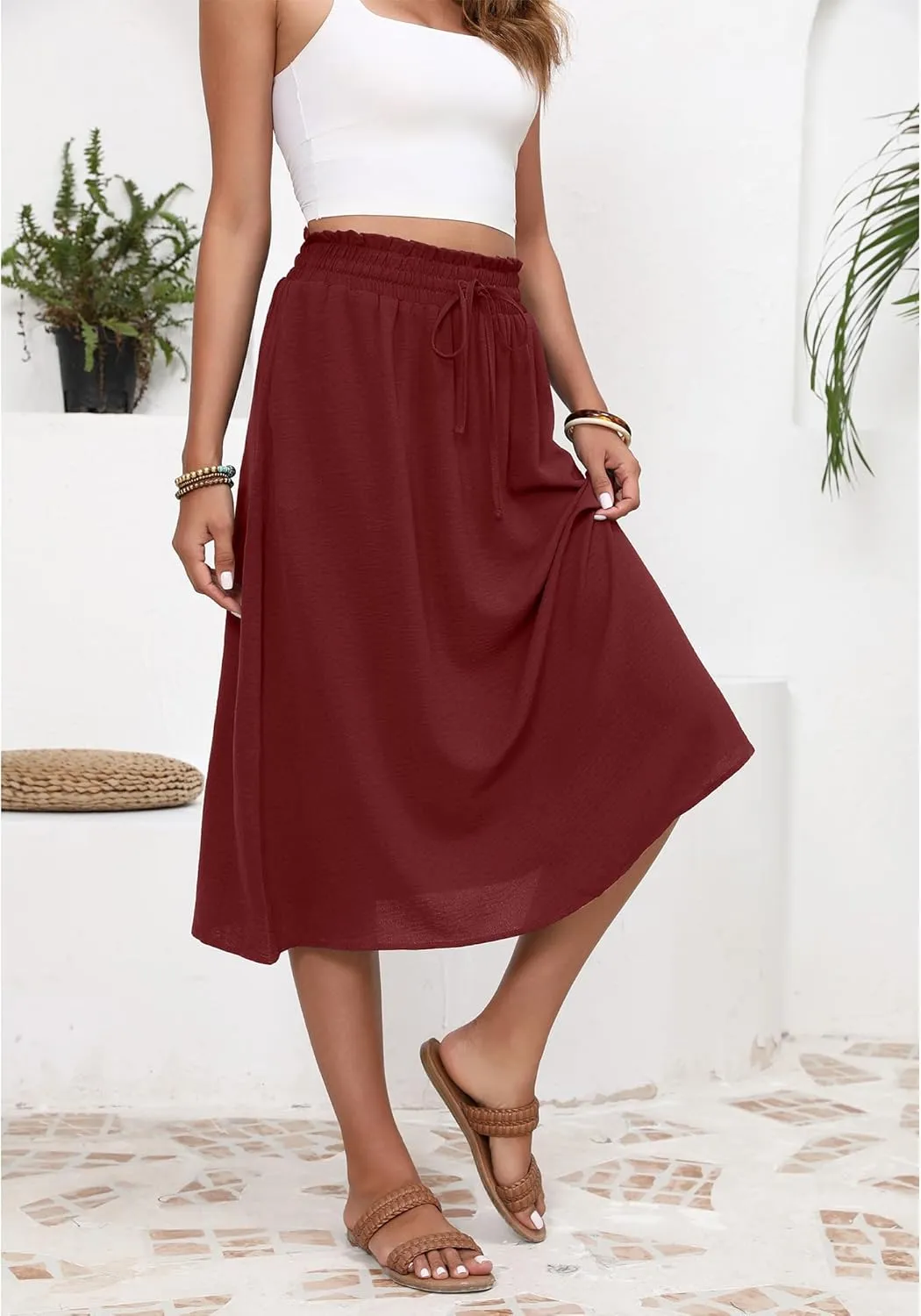 Flowy Skirt Midi Length High Waist Skirts for Women Below Knee with Pockets 2024 Women Fashion Trendy