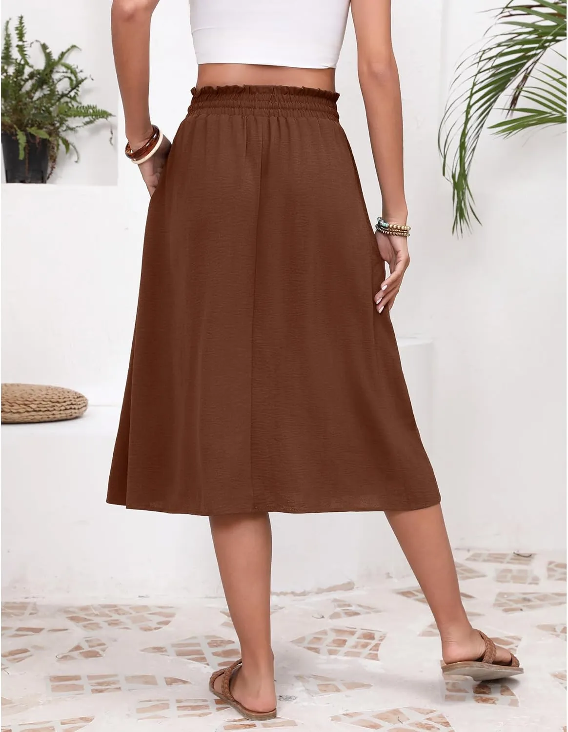 Flowy Skirt Midi Length High Waist Skirts for Women Below Knee with Pockets 2024 Women Fashion Trendy