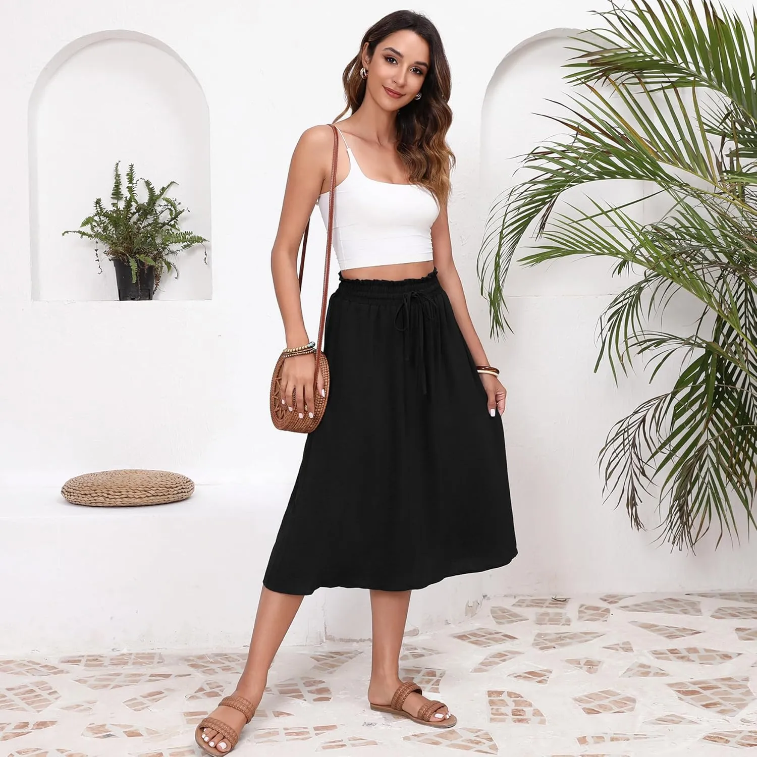 Flowy Skirt Midi Length High Waist Skirts for Women Below Knee with Pockets 2024 Women Fashion Trendy