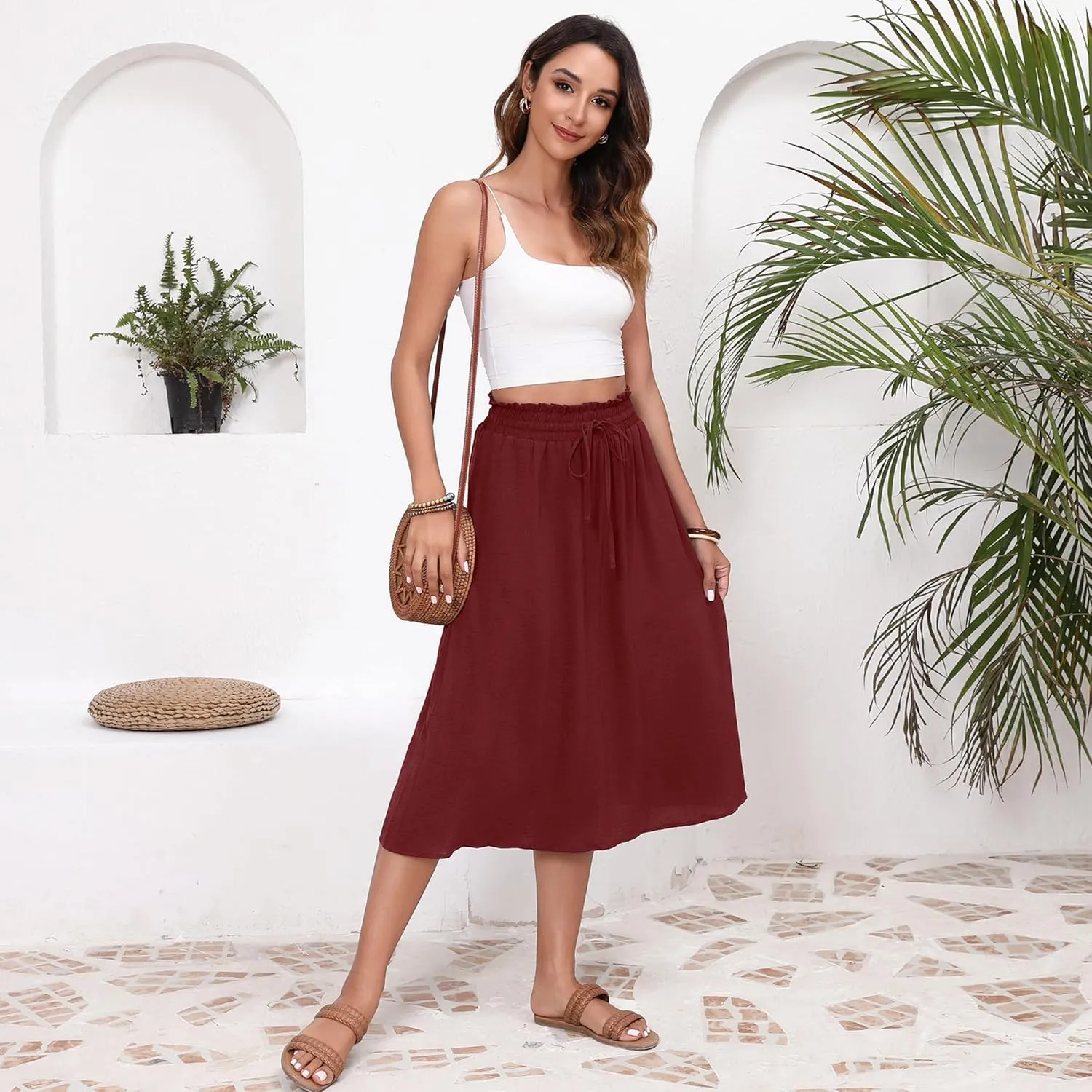 Flowy Skirt Midi Length High Waist Skirts for Women Below Knee with Pockets 2024 Women Fashion Trendy