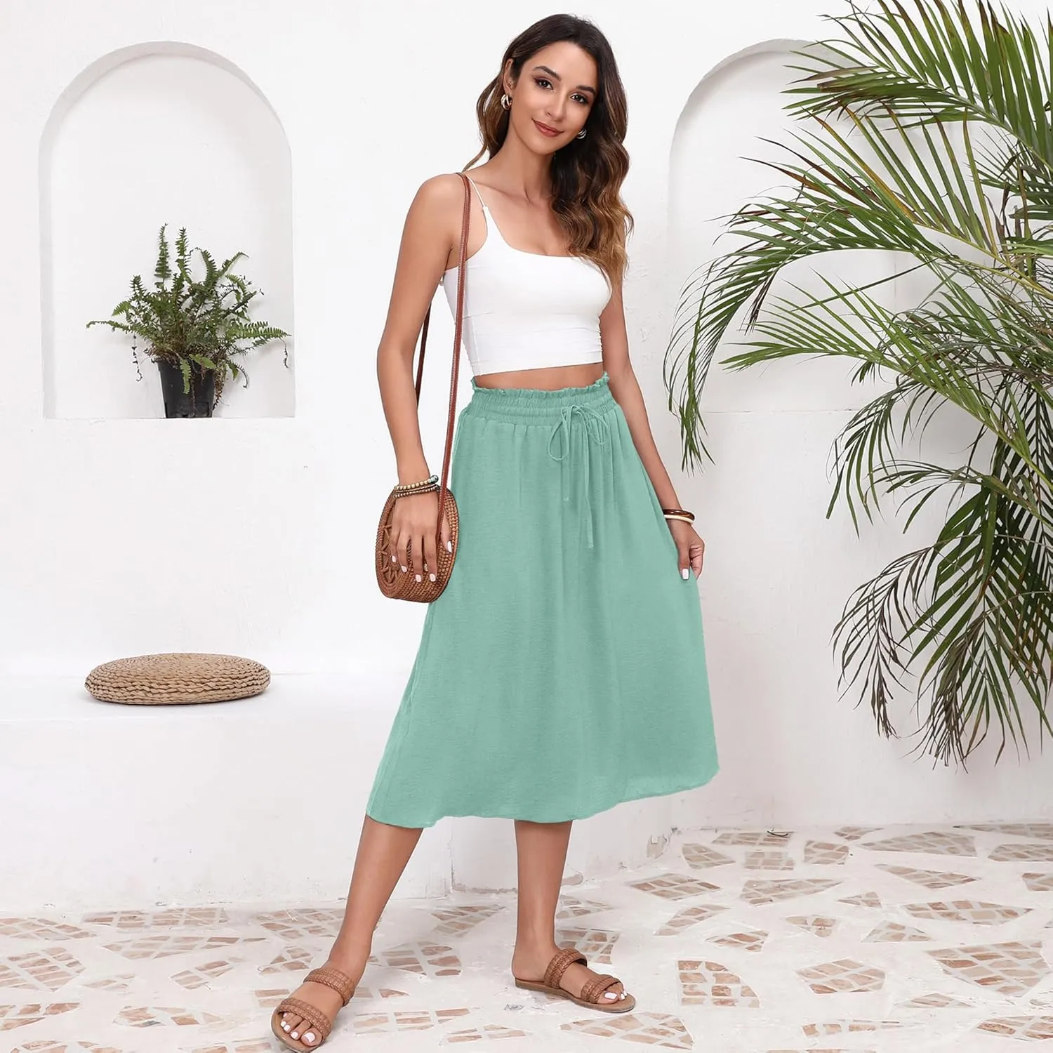Flowy Skirt Midi Length High Waist Skirts for Women Below Knee with Pockets 2024 Women Fashion Trendy