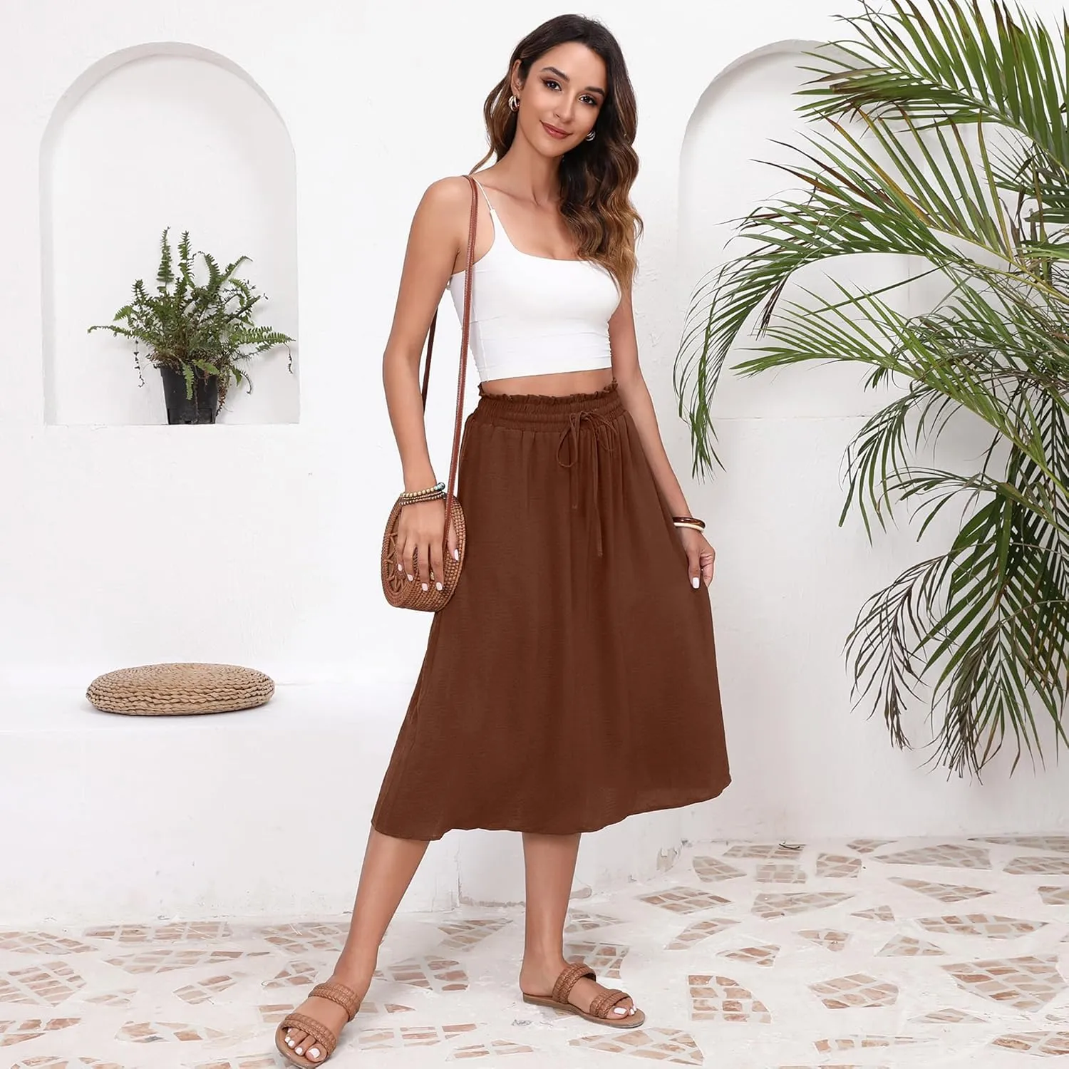 Flowy Skirt Midi Length High Waist Skirts for Women Below Knee with Pockets 2024 Women Fashion Trendy