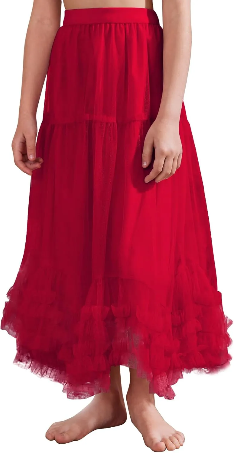 Flygo Girls Tulle Skirt A-Line Long Ruffle Tiered Mesh Tutu Skirt Maxi High Elastic Waist Pleated Layered Skirts