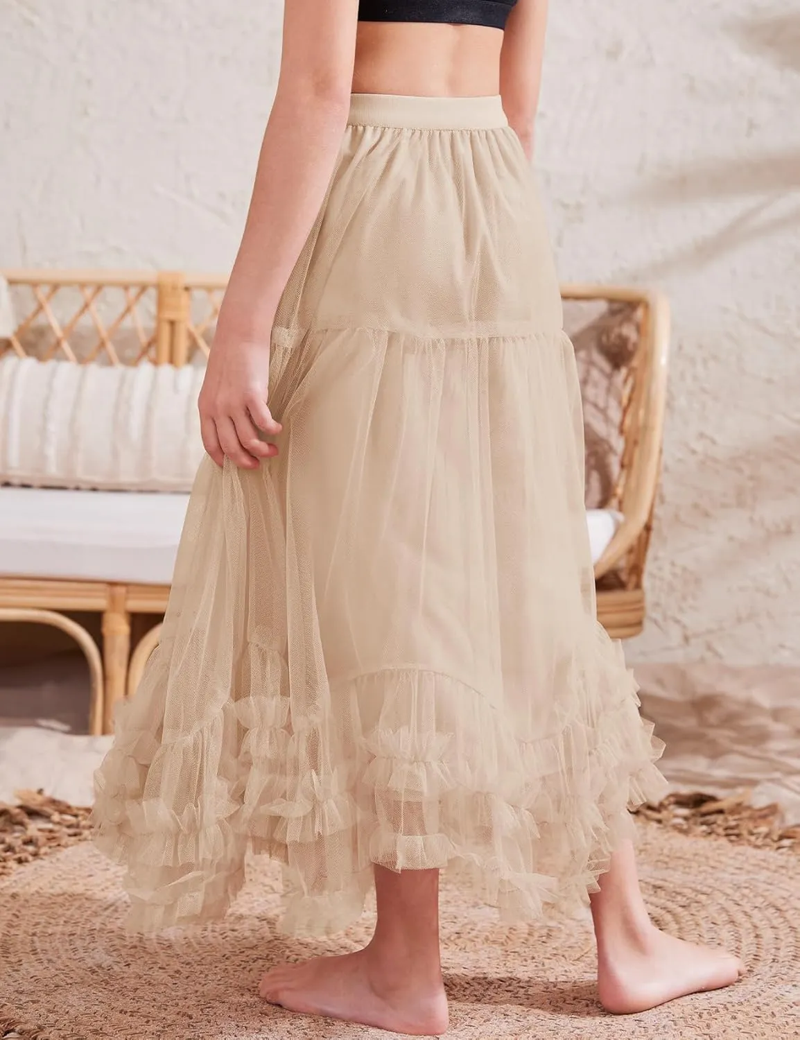 Flygo Girls Tulle Skirt A-Line Long Ruffle Tiered Mesh Tutu Skirt Maxi High Elastic Waist Pleated Layered Skirts