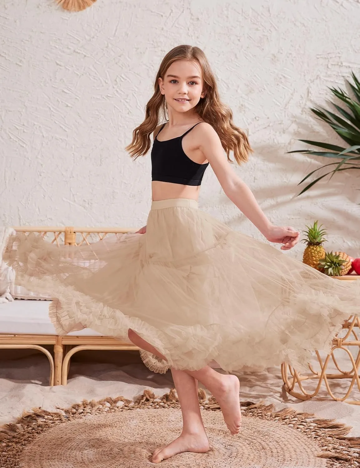 Flygo Girls Tulle Skirt A-Line Long Ruffle Tiered Mesh Tutu Skirt Maxi High Elastic Waist Pleated Layered Skirts