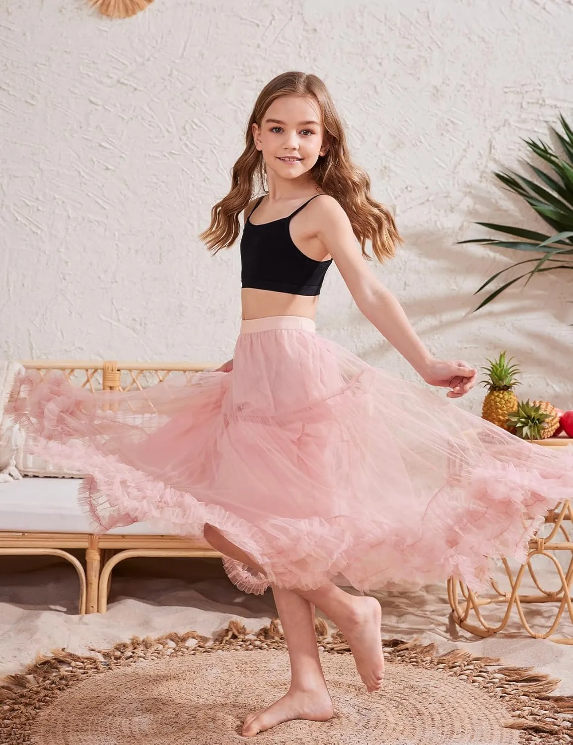 Flygo Girls Tulle Skirt A-Line Long Ruffle Tiered Mesh Tutu Skirt Maxi High Elastic Waist Pleated Layered Skirts