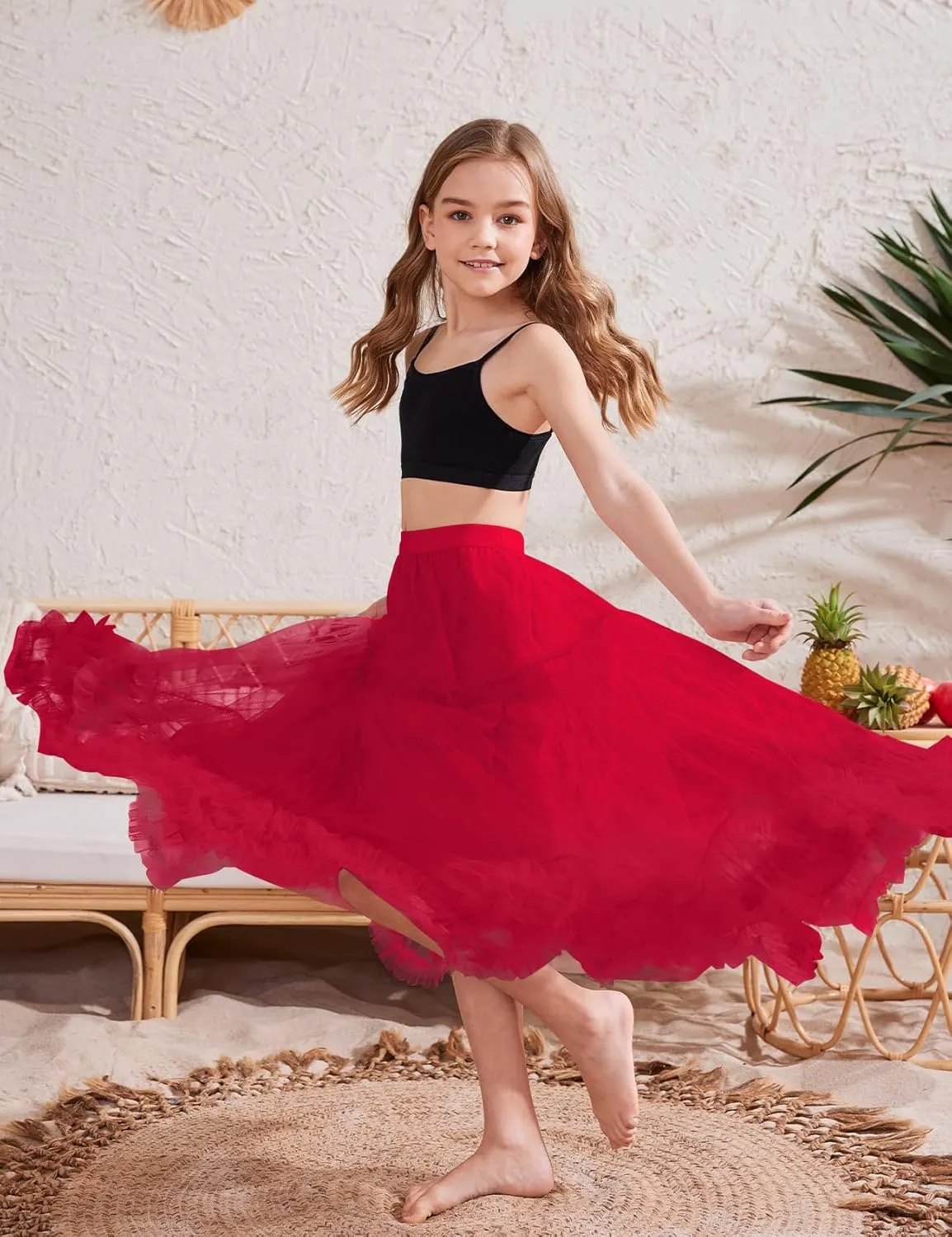 Flygo Girls Tulle Skirt A-Line Long Ruffle Tiered Mesh Tutu Skirt Maxi High Elastic Waist Pleated Layered Skirts