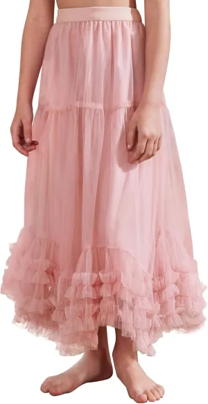 Flygo Girls Tulle Skirt A-Line Long Ruffle Tiered Mesh Tutu Skirt Maxi High Elastic Waist Pleated Layered Skirts