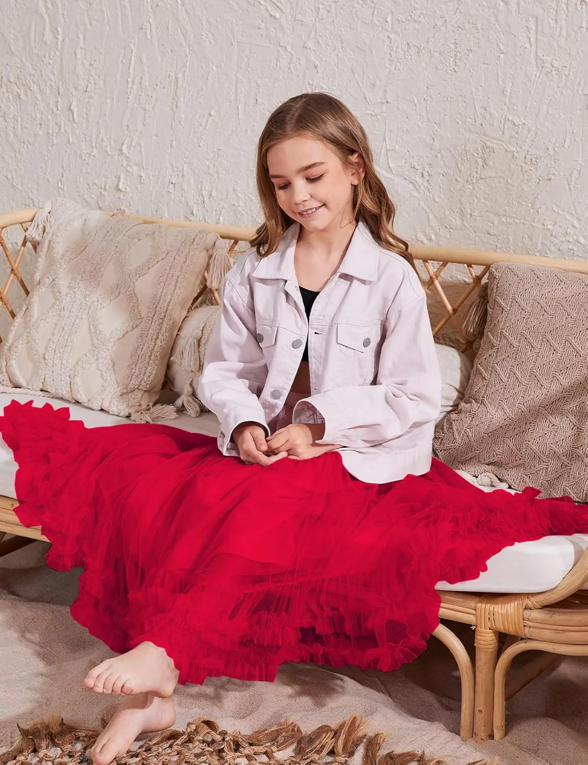 Flygo Girls Tulle Skirt A-Line Long Ruffle Tiered Mesh Tutu Skirt Maxi High Elastic Waist Pleated Layered Skirts