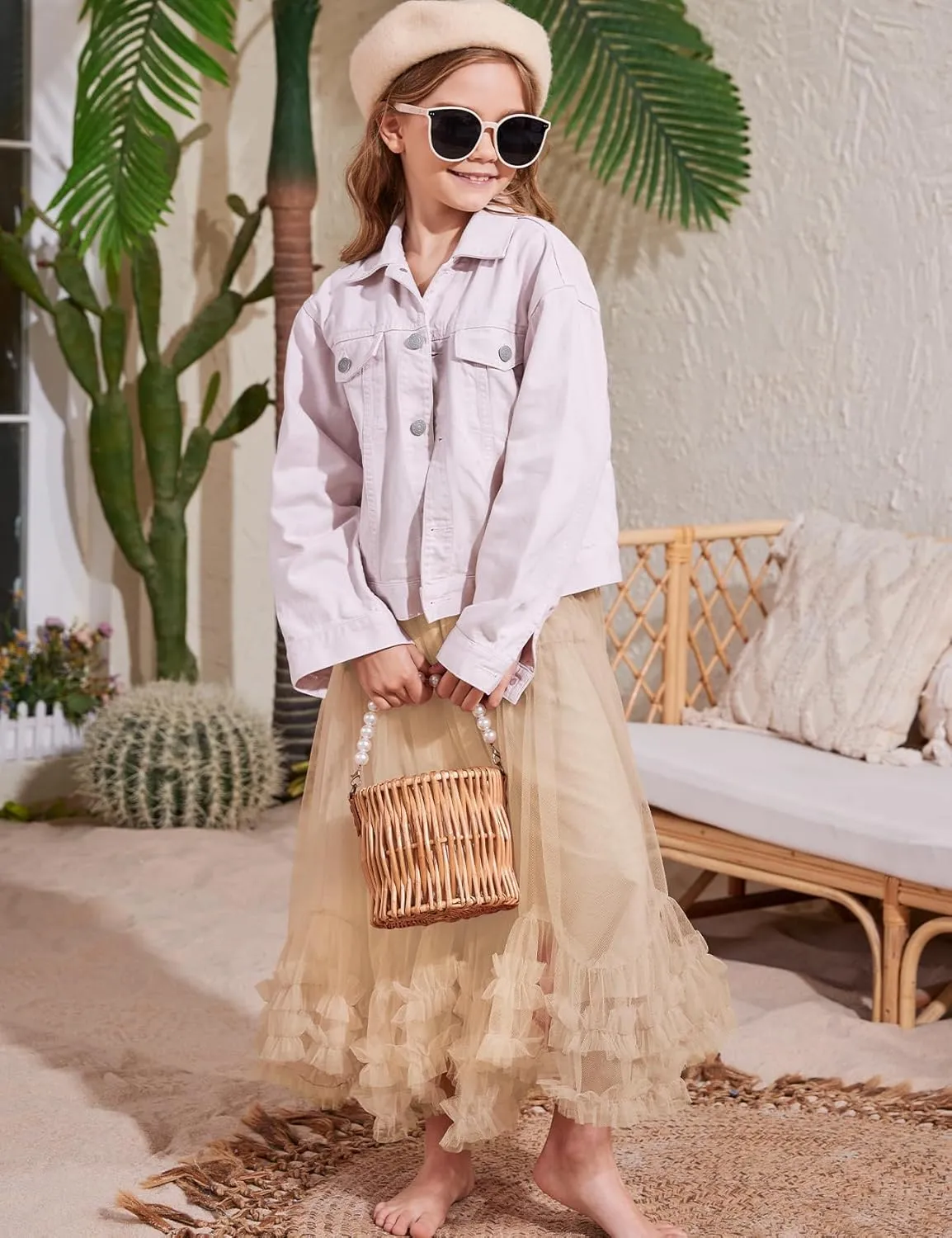 Flygo Girls Tulle Skirt A-Line Long Ruffle Tiered Mesh Tutu Skirt Maxi High Elastic Waist Pleated Layered Skirts