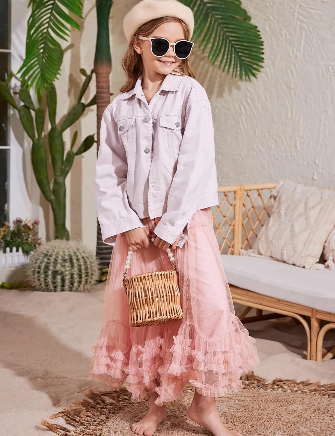 Flygo Girls Tulle Skirt A-Line Long Ruffle Tiered Mesh Tutu Skirt Maxi High Elastic Waist Pleated Layered Skirts