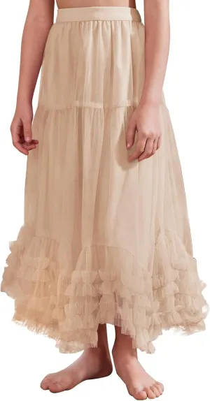 Flygo Girls Tulle Skirt A-Line Long Ruffle Tiered Mesh Tutu Skirt Maxi High Elastic Waist Pleated Layered Skirts