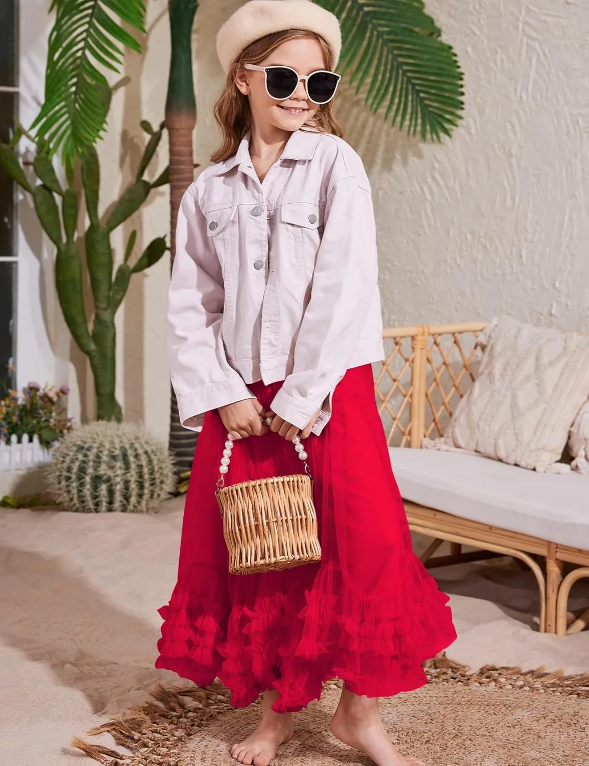 Flygo Girls Tulle Skirt A-Line Long Ruffle Tiered Mesh Tutu Skirt Maxi High Elastic Waist Pleated Layered Skirts