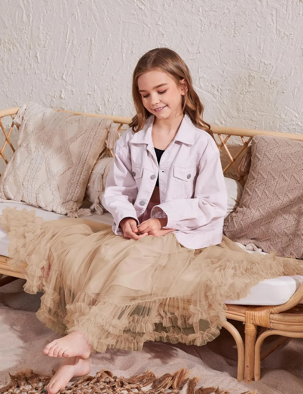 Flygo Girls Tulle Skirt A-Line Long Ruffle Tiered Mesh Tutu Skirt Maxi High Elastic Waist Pleated Layered Skirts