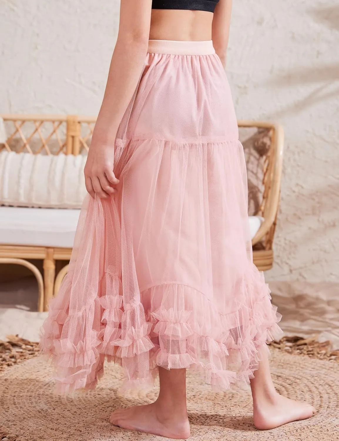 Flygo Girls Tulle Skirt A-Line Long Ruffle Tiered Mesh Tutu Skirt Maxi High Elastic Waist Pleated Layered Skirts