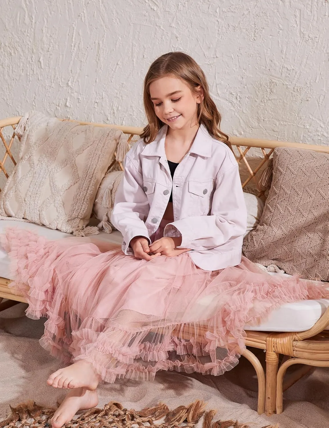 Flygo Girls Tulle Skirt A-Line Long Ruffle Tiered Mesh Tutu Skirt Maxi High Elastic Waist Pleated Layered Skirts