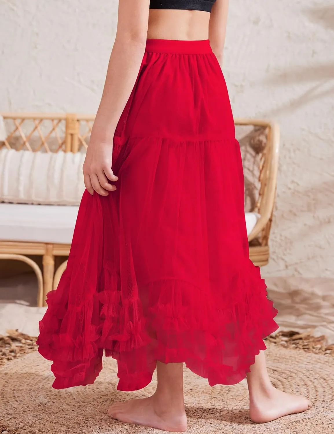 Flygo Girls Tulle Skirt A-Line Long Ruffle Tiered Mesh Tutu Skirt Maxi High Elastic Waist Pleated Layered Skirts