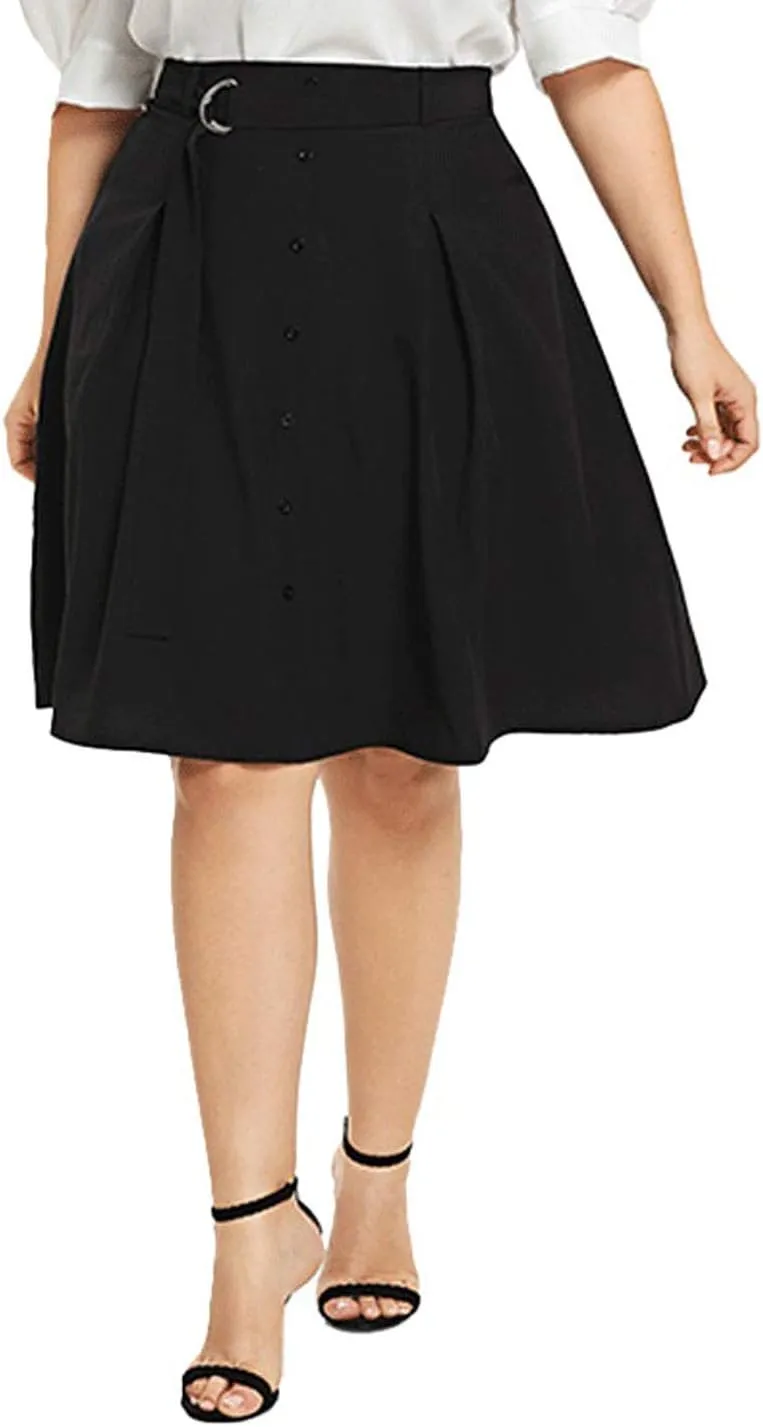 Flygo Women's A-Line High Waisted Button Front Belted Pleated Skater Skirts Midi Knee Length Skirt