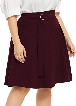 Flygo Women's A-Line High Waisted Button Front Belted Pleated Skater Skirts Midi Knee Length Skirt