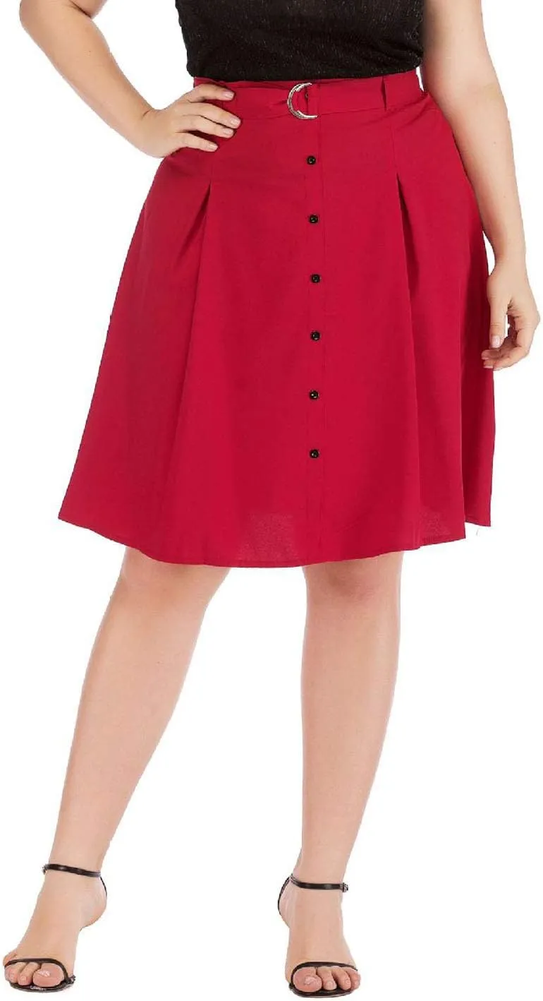 Flygo Women's A-Line High Waisted Button Front Belted Pleated Skater Skirts Midi Knee Length Skirt