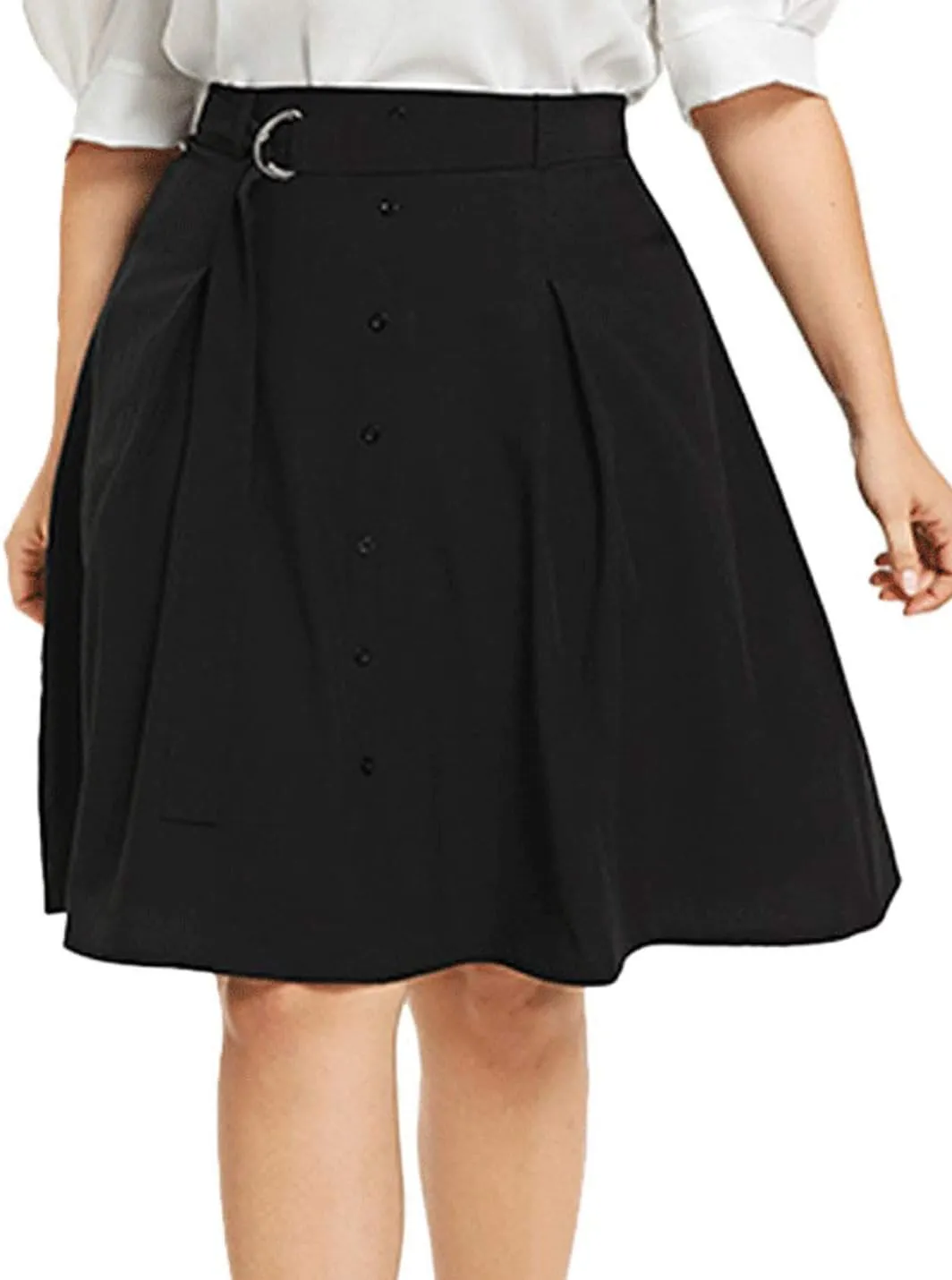Flygo Women's A-Line High Waisted Button Front Belted Pleated Skater Skirts Midi Knee Length Skirt