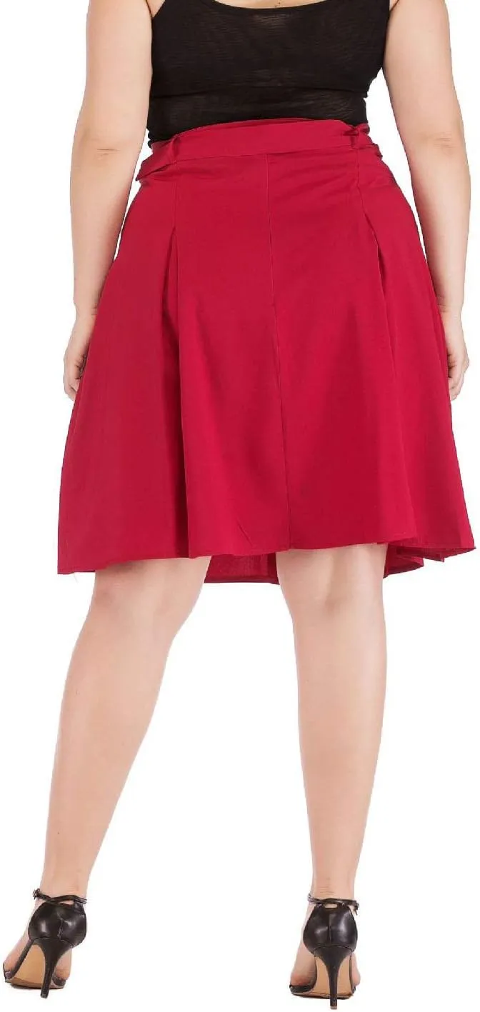 Flygo Women's A-Line High Waisted Button Front Belted Pleated Skater Skirts Midi Knee Length Skirt