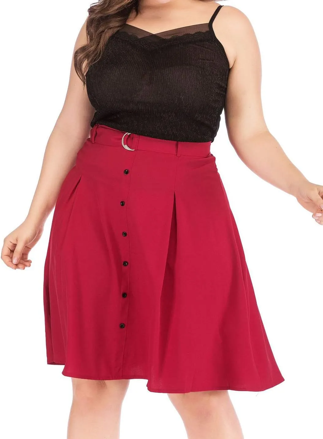 Flygo Women's A-Line High Waisted Button Front Belted Pleated Skater Skirts Midi Knee Length Skirt