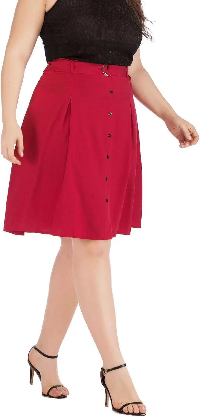 Flygo Women's A-Line High Waisted Button Front Belted Pleated Skater Skirts Midi Knee Length Skirt