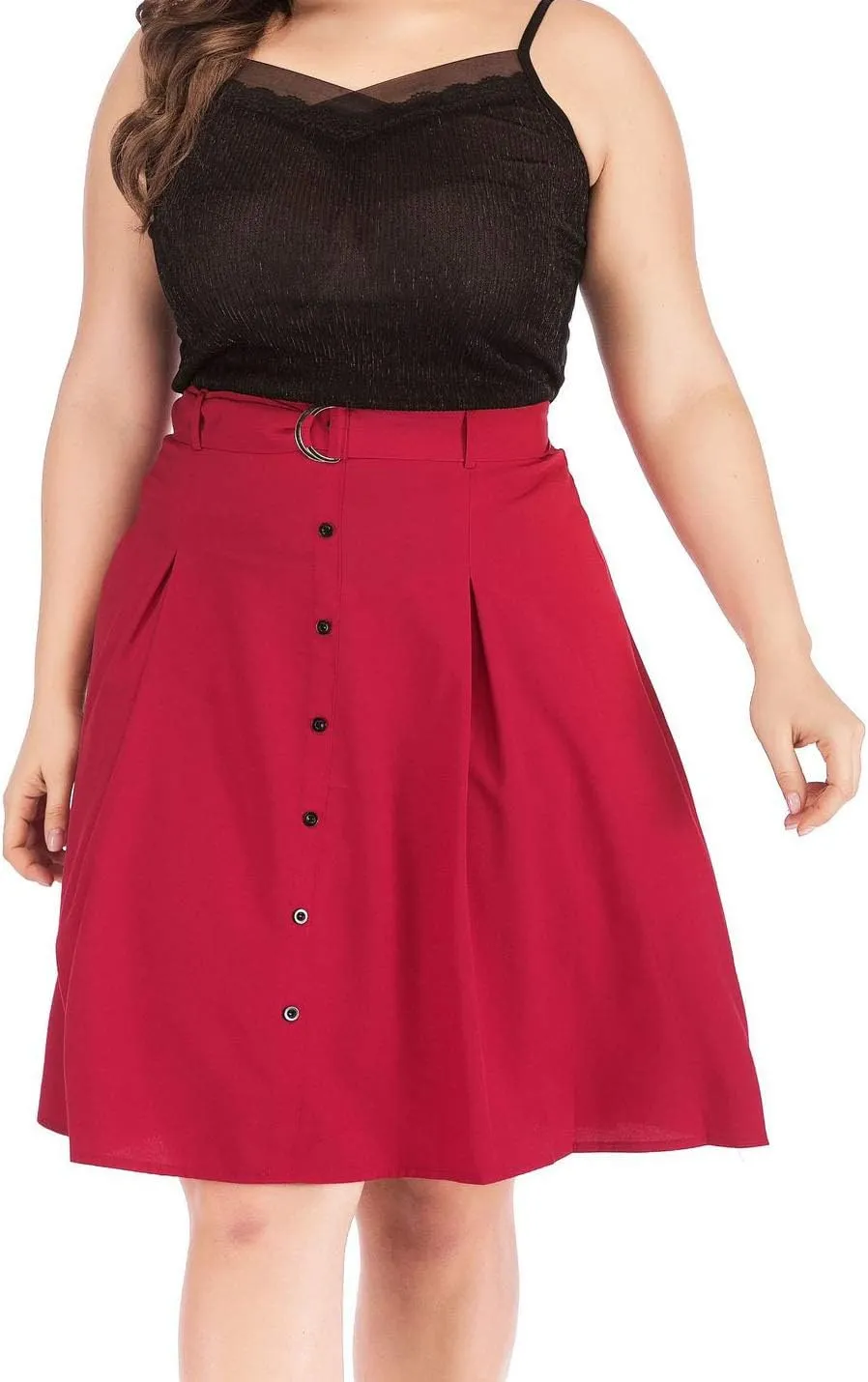 Flygo Women's A-Line High Waisted Button Front Belted Pleated Skater Skirts Midi Knee Length Skirt
