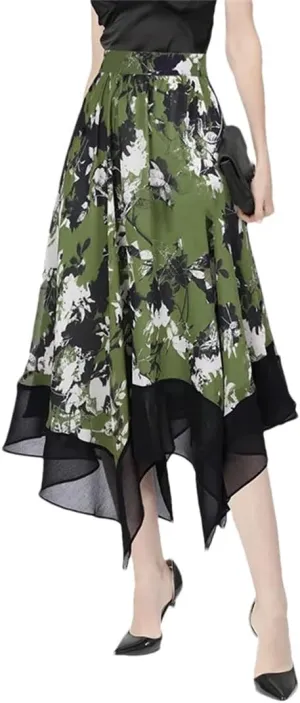 Fnfmrfmr Women Irregular Floral Print Midi Skirt High Waist Chiffon A-Line Pleated Slim Flowing Skirts