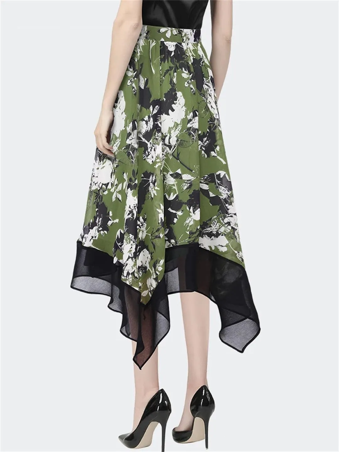 Fnfmrfmr Women Irregular Floral Print Midi Skirt High Waist Chiffon A-Line Pleated Slim Flowing Skirts