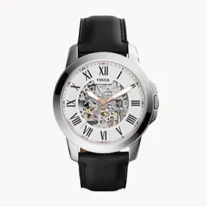 Fossil Grant Automatic Skeleton White Dial Black Leather Strap Watch For Men - ME3101