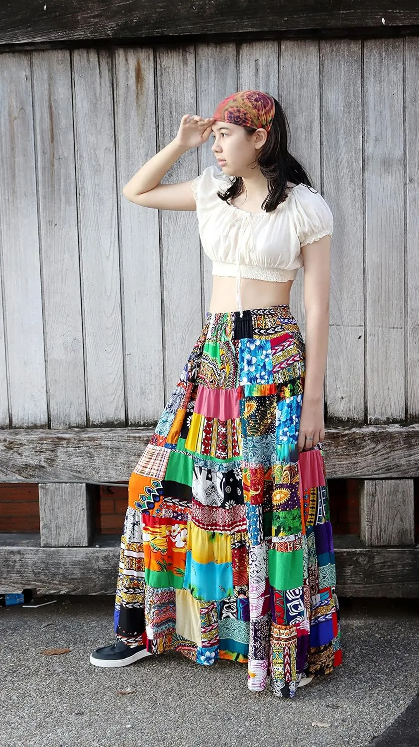 Full Funk Flowing Maxi Skirt Made of Patchwork Mixed Viscose Rayon Artworks