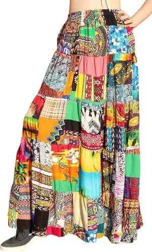 Full Funk Flowing Maxi Skirt Made of Patchwork Mixed Viscose Rayon Artworks