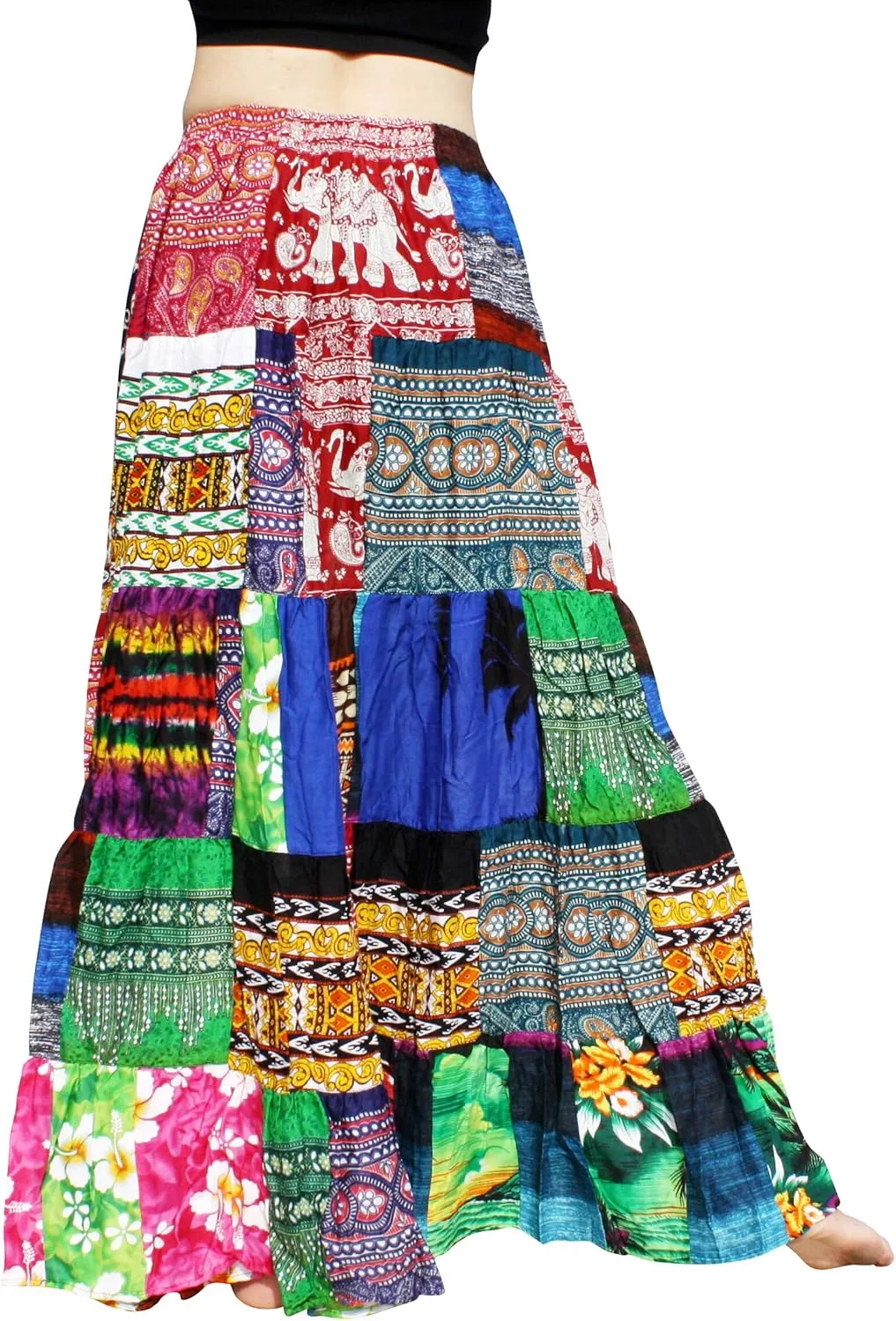 Full Funk Flowing Maxi Skirt Made of Patchwork Mixed Viscose Rayon Artworks