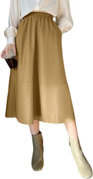 GGUHHU Womens Cute High Waist Faux Leather A-Line Pleated Midi Skater Skirts with Pockets