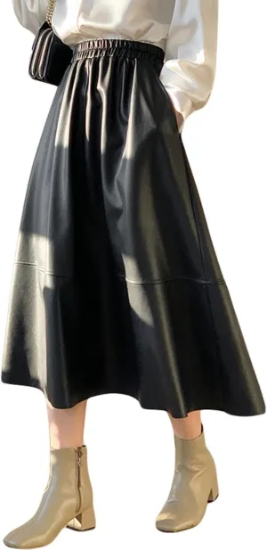 GGUHHU Womens Cute High Waist Faux Leather A-Line Pleated Midi Skater Skirts with Pockets