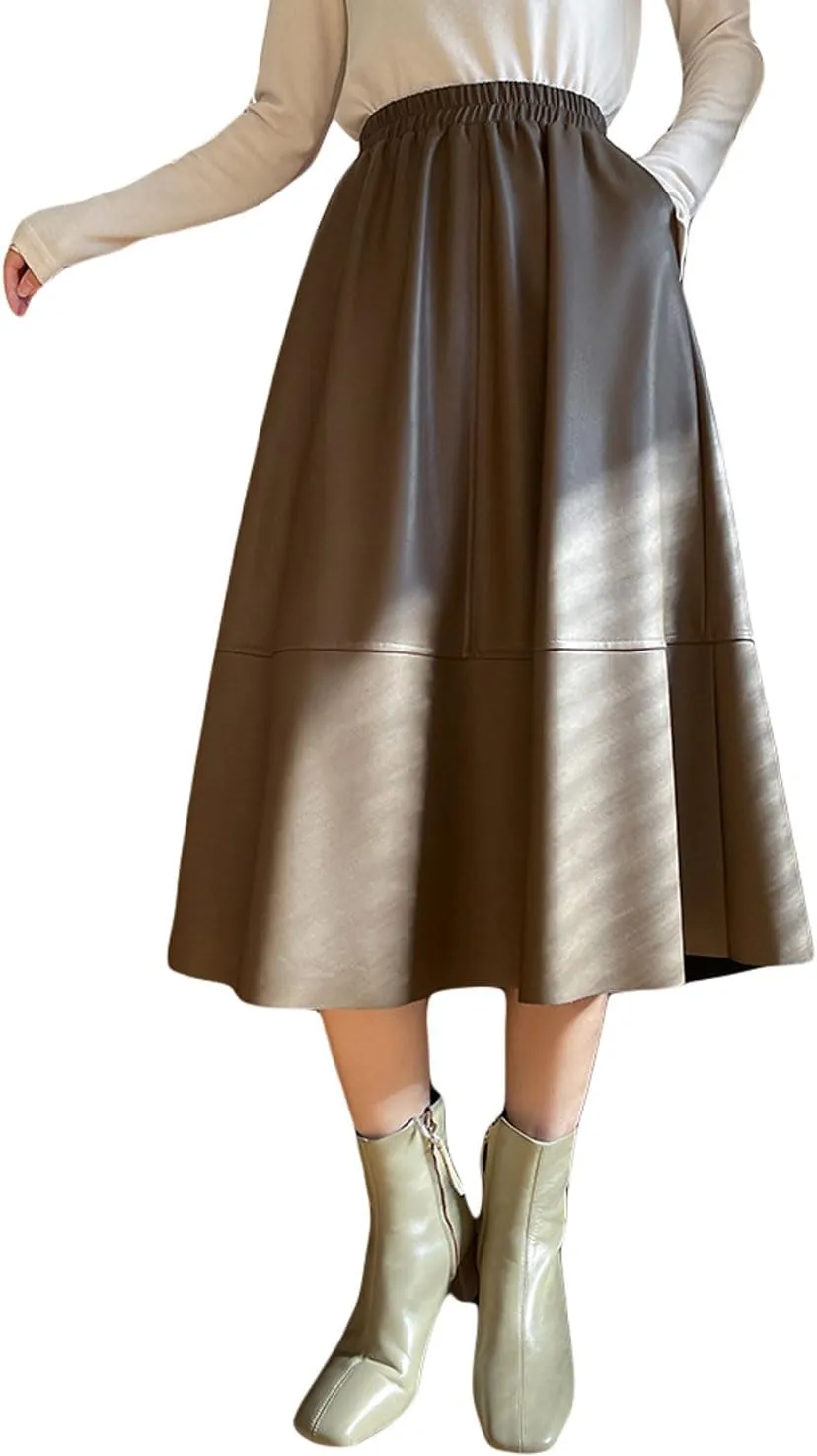 GGUHHU Womens Cute High Waist Faux Leather A-Line Pleated Midi Skater Skirts with Pockets