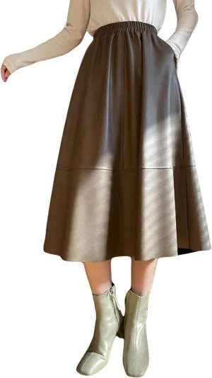 GGUHHU Womens Cute High Waist Faux Leather A-Line Pleated Midi Skater Skirts with Pockets