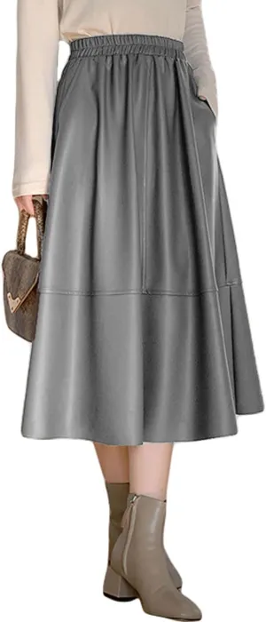 GGUHHU Womens Cute High Waist Faux Leather A-Line Pleated Midi Skater Skirts with Pockets