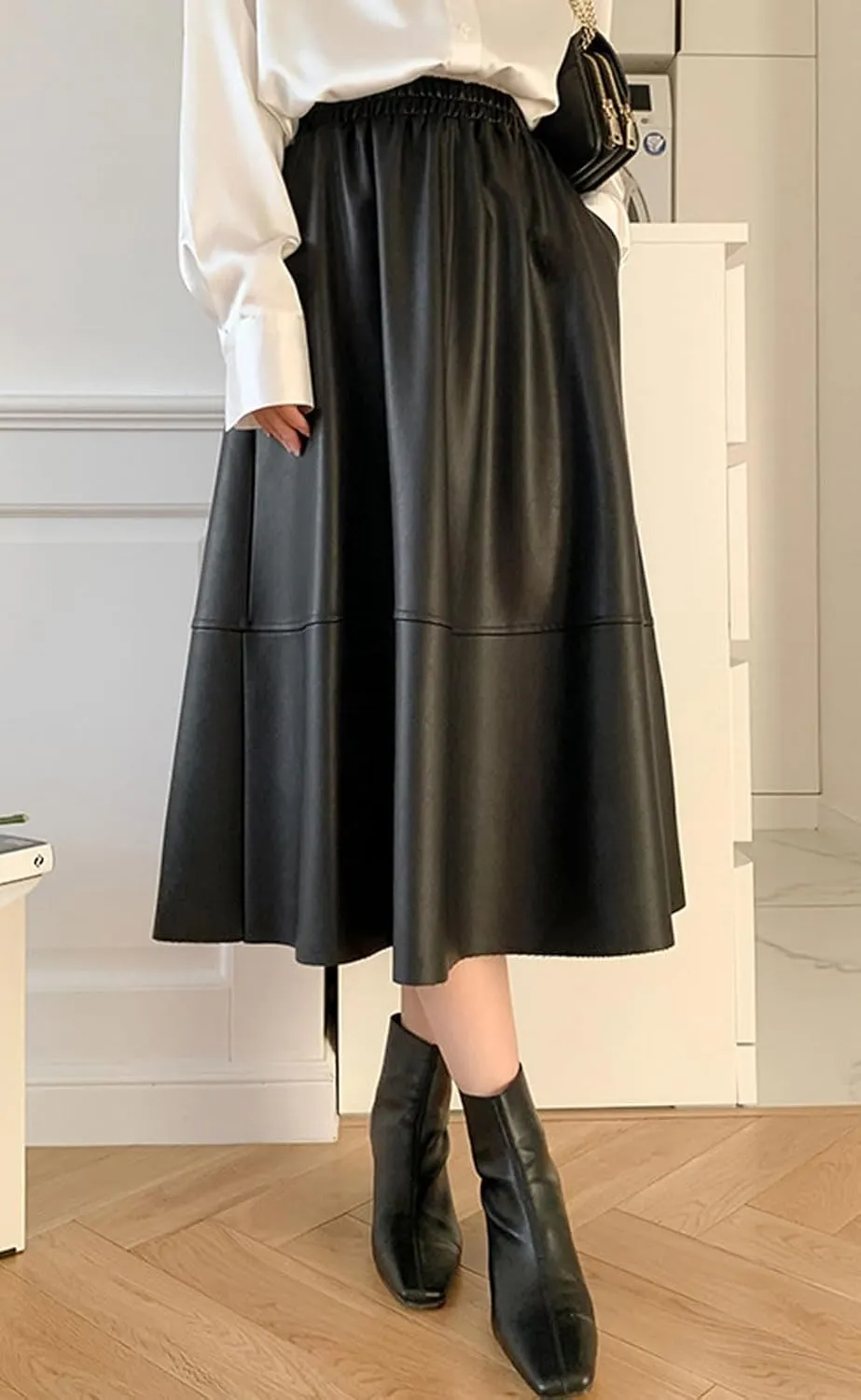 GGUHHU Womens Cute High Waist Faux Leather A-Line Pleated Midi Skater Skirts with Pockets