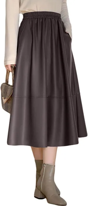 GGUHHU Womens Cute High Waist Faux Leather A-Line Pleated Midi Skater Skirts with Pockets